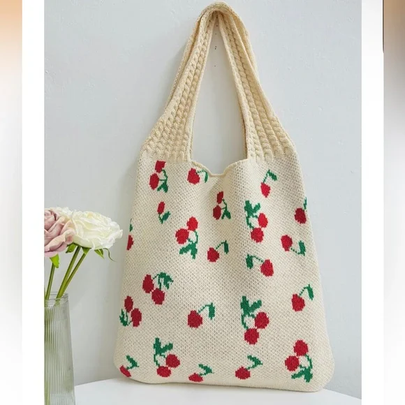Crotchet Cherry Patterned Cream Tote Bag - Picture 3 of 7